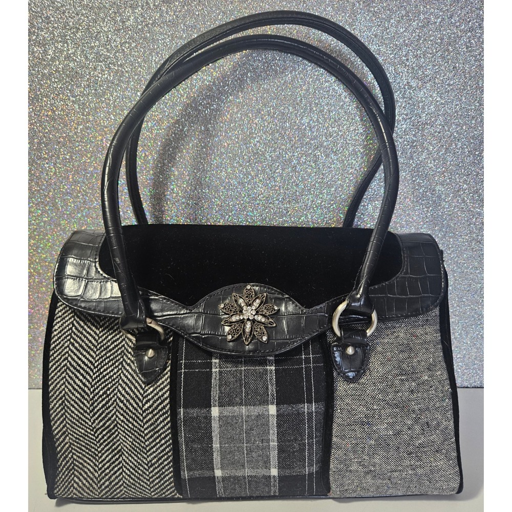 Xhiliration Plaid Herringbone Tweed Velvet Patchwork Rhinestone Flower WoolX Bag